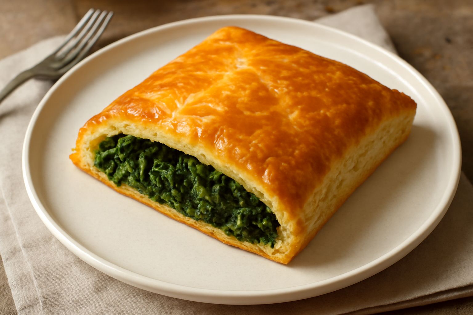 Una sfoglia rettangolare dorata al forno, leggermente gonfia, con tracce di olio sulla superficie. Tagliata a metà, mostra il ripieno di cicoria verde intenso e aglio, servita su un piatto bianco con 