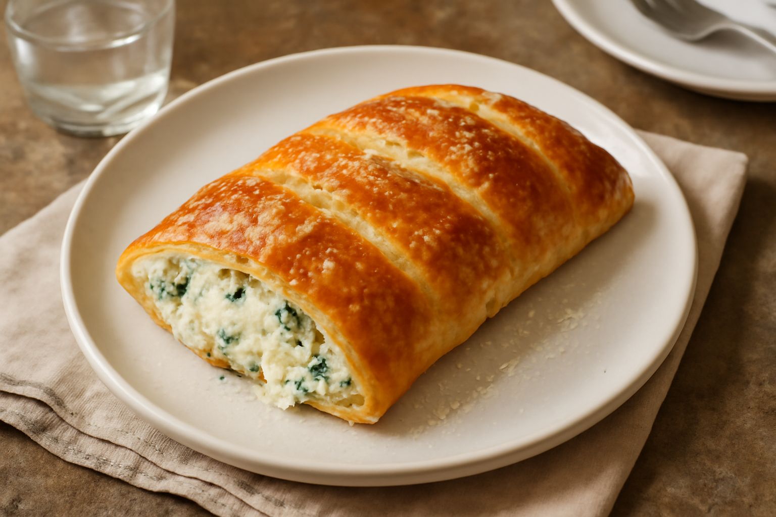 Sfoglia ripiena dorata al forno, tagliata a rettangoli, con ripieno di ricotta e erbe verdi visibile all'interno, servita in piatto bianco con contorno di insalata verde