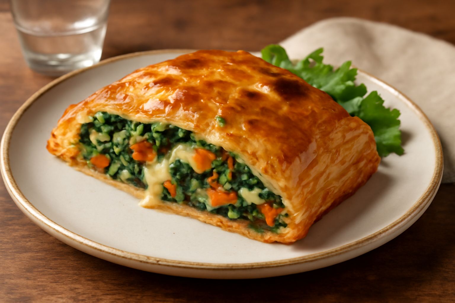 Sfoglia ripiena di verdure dorata e sfogliata al forno, tagliata a fette, con verdure colorate visibili (spinaci verdi, zucchine gialle, carote arancioni) che fuoriescono dal ripieno, su un piatto bia