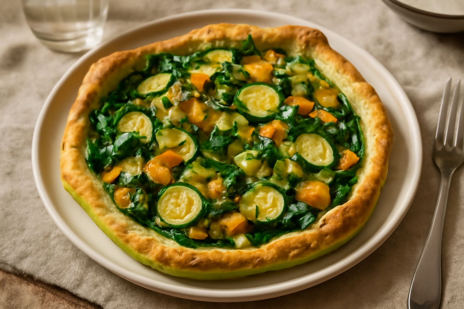 Una sfoglia rettangolare dorata e croccante con verdure verdi e colorate (zucchine, spinaci, peperoni) visibili sulla superficie, servita in un piatto bianco, tagliata in rettangoli