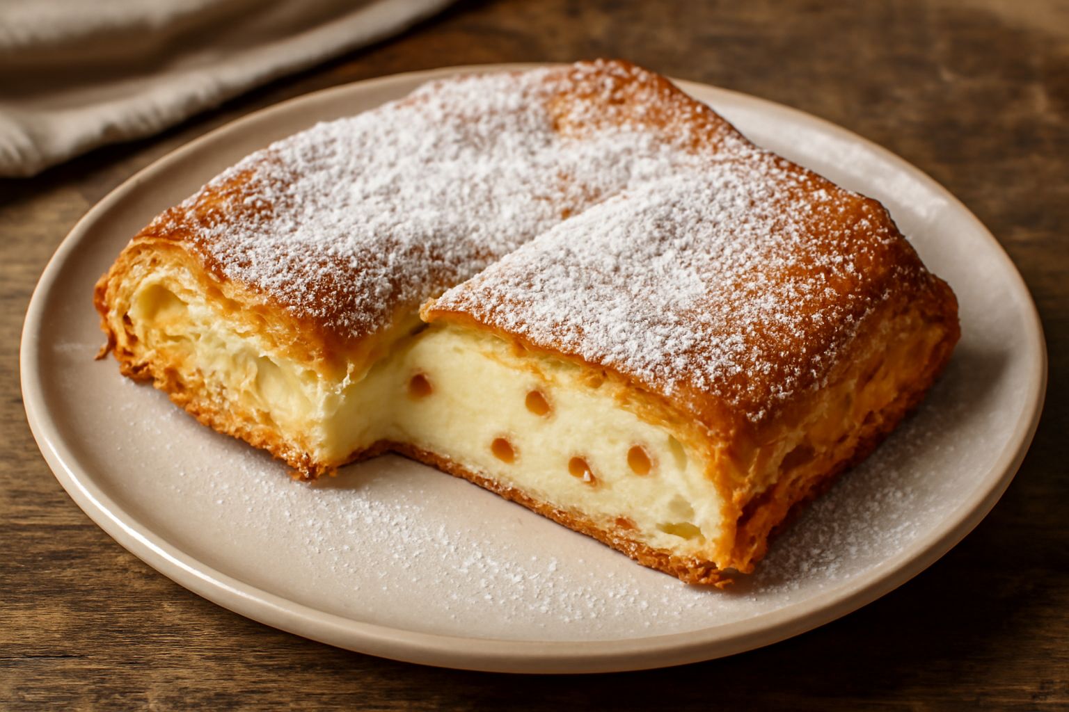 Una sfogliata di ricotta appena sfornata, con pasta sfoglia dorata e croccante, spolverate di zucchero a velo, tagliata a fette per mostrare il ripieno bianco e cremoso all'interno