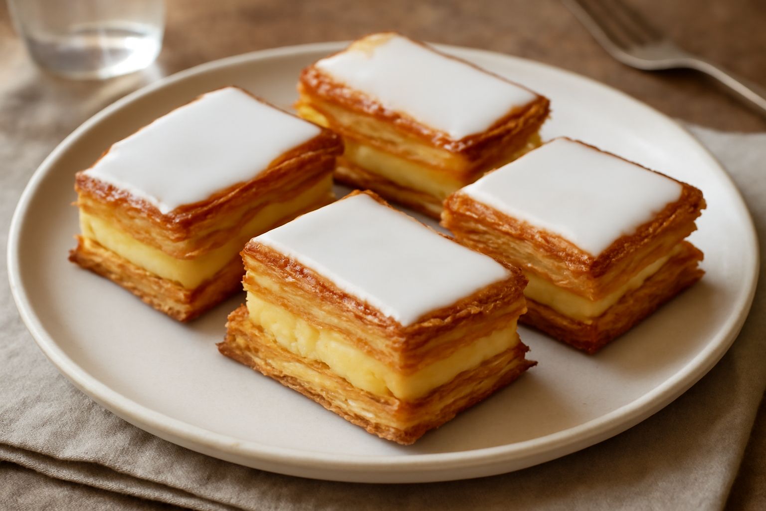 Sfogliate dolci disposte su un piatto bianco, strati di pasta sfoglia dorata e croccante alternati a crema pasticcera color giallo panna, punta glassata e polverata di zucchero a velo, sfondo di legno