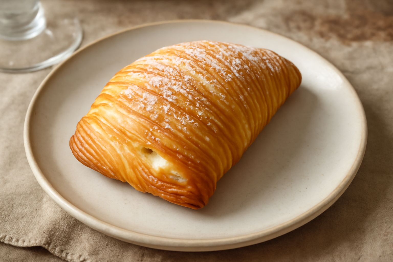 Sfogliatella appena sfornata, dorata e croccante, posata su piatto bianco. Si vedono gli strati di sfoglia ben separati e il ripieno di ricotta che affiorato leggermente dai bordi. Accanto una tazza d