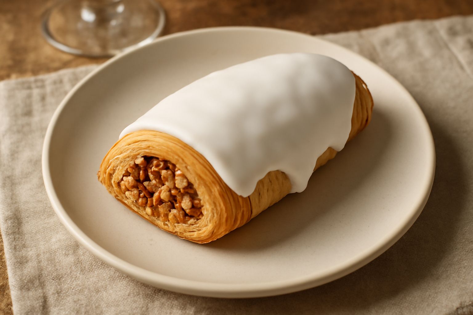 Sfogliatelle abruzzesi ricoperte di glassa bianca, con forma allungata e sfoglia dorata, su un piatto bianco con miccche di nocciole tostate sparse intorno