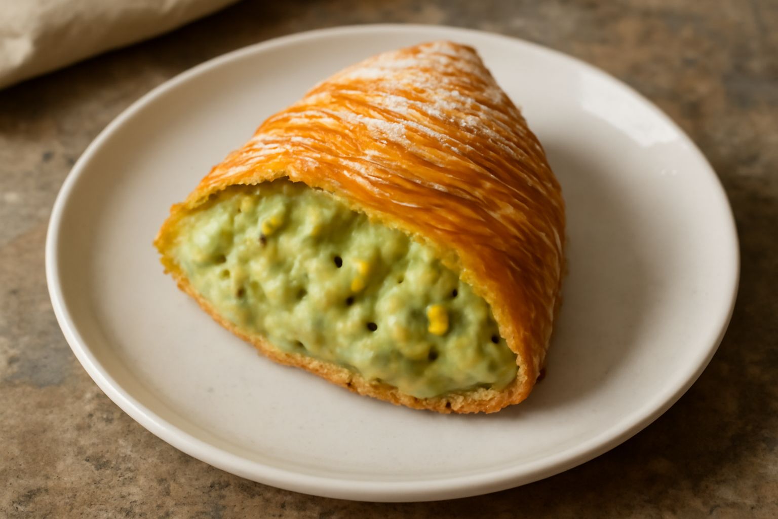 Sfogliatella al pistacchio intera e spezzata, che mostra la sfoglia color oro con strati visibili e la farcia verde pallido di pistacchio, posata su piatto bianco con gocce di glassa trasparente