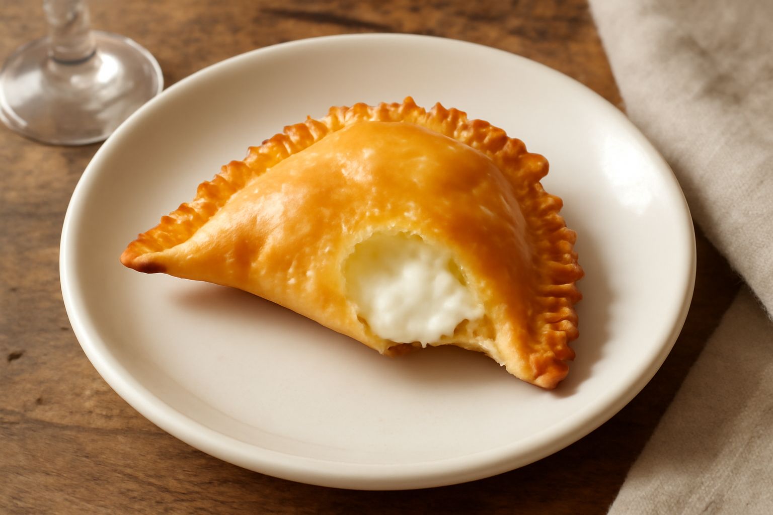 Sfogliatelle catanzaresi poste su un piatto bianco, dorate e croccanti, una tagliata a metà mostra il ripieno di ricotta crema con pezzetti di frutta candita e frutta secca, bordo della sfoglia sfogli
