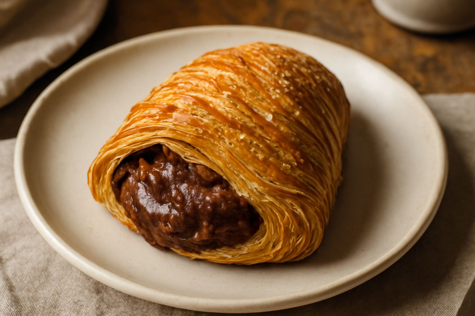 Sfogliatella di chocolate tagliata a metà su un piatto bianco, che mostra gli strati croccanti dorati e il ripieno color marrone di crema di cioccolato e ricotta, spolverata di zucchero a velo