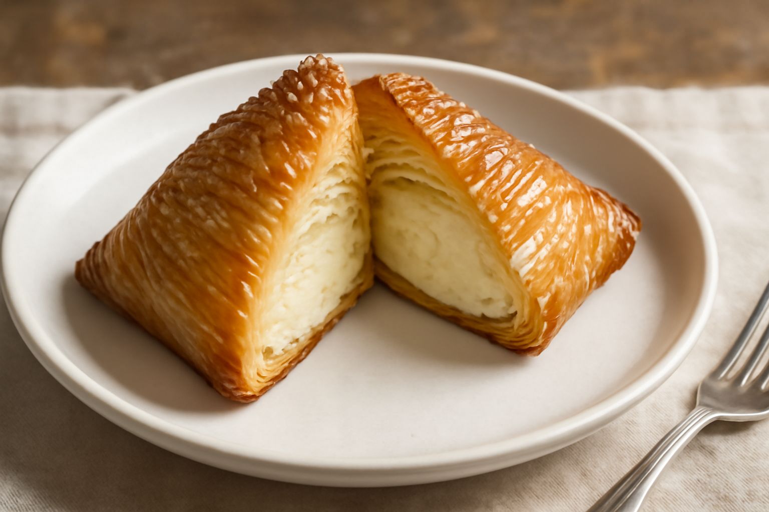 Sfogliatella di ricotta appena sfornata, dorata e croccante, spezzata a metà per mostrare il ripieno cremoso di ricotta con canditi. Polverata di zucchero a velo, servita in piatto bianco