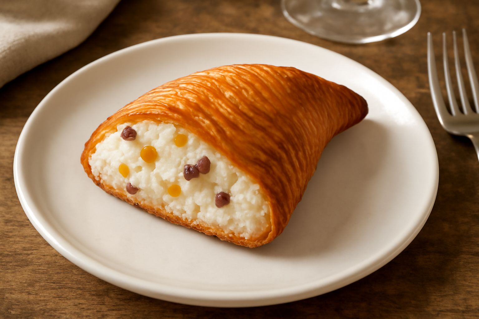 Sfogliatella di semola spezzata a metà su piatto bianco, che mostra l'interno ripieno di ricotta bianca con pezzetti di cedrata gialla e pistacchio verde, esterno dorato e croccante