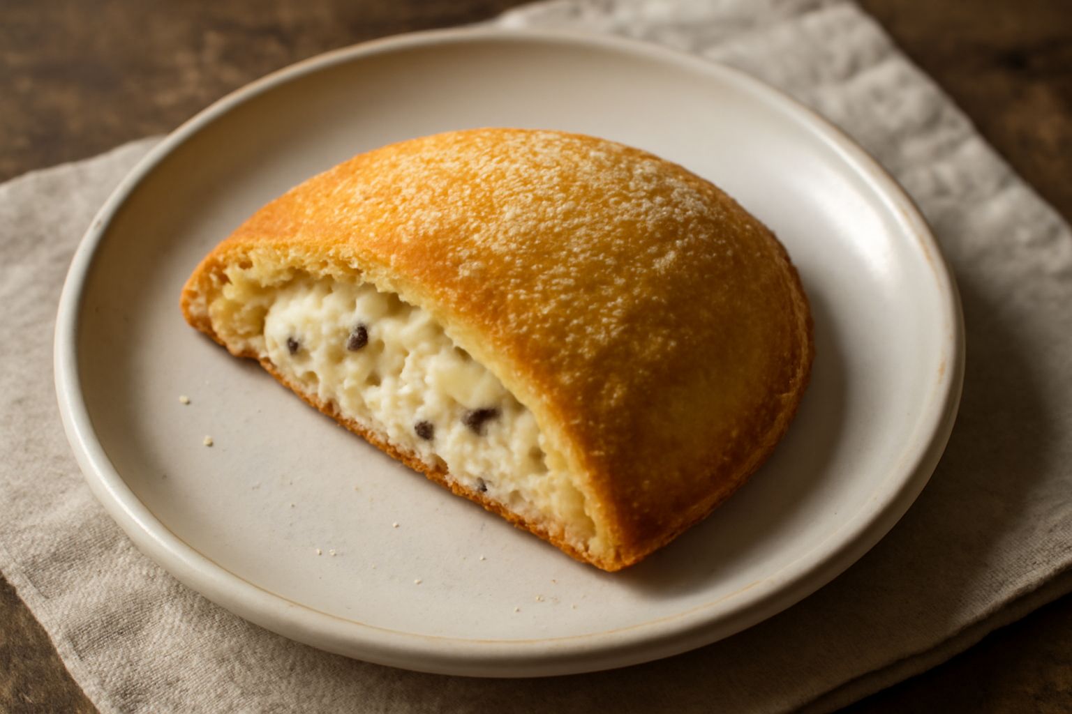 Sfogliatella frolla dorata con sfoglia croccante e friabile, ripiena di ricotta bianca e canditi colorati, servita su piatto bianco con zucchero a velo spolverato
