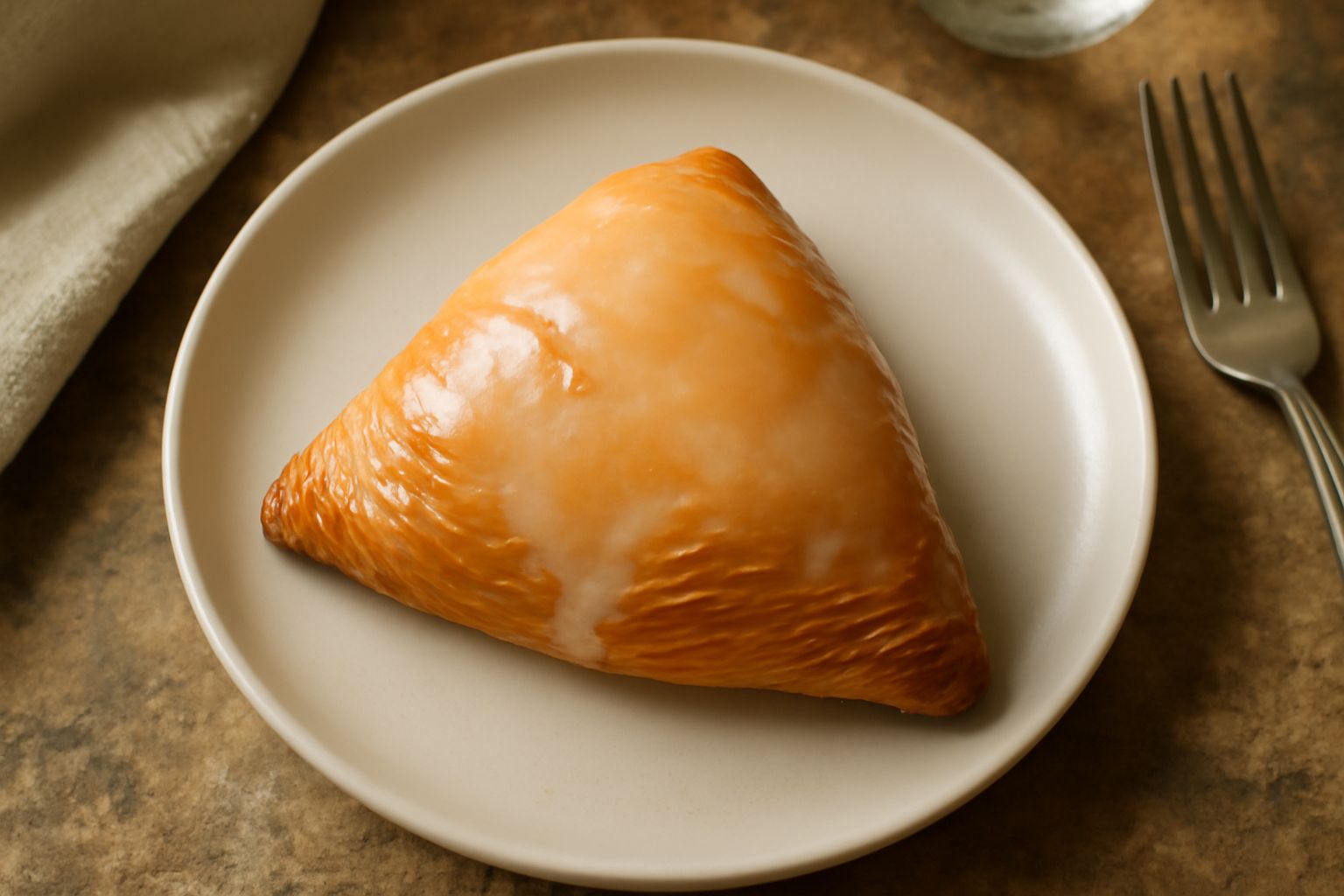 Tre sfogliatelle glassate dorate e lucide, rivestite di glassa di zucchero bianca, poste su un piatto di ceramica bianca con una tazza di caffè sullo sfondo