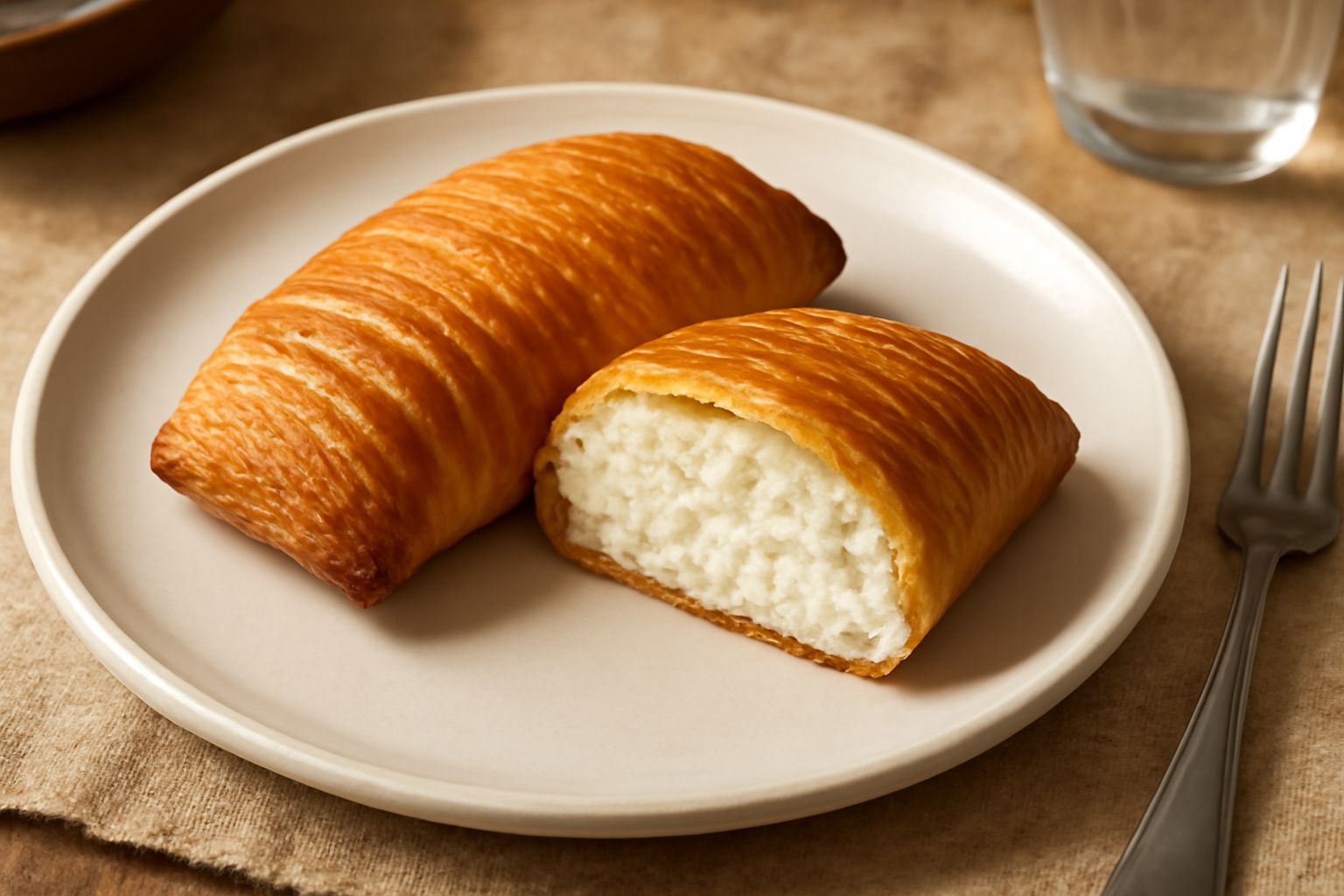 Sfogliatella modicana intera e una mezza aperta, sfoglia dorata e croccante con interno bianco cremoso di ricotta, canditi arancioni visibili nel ripieno, poggiata su piatto bianco