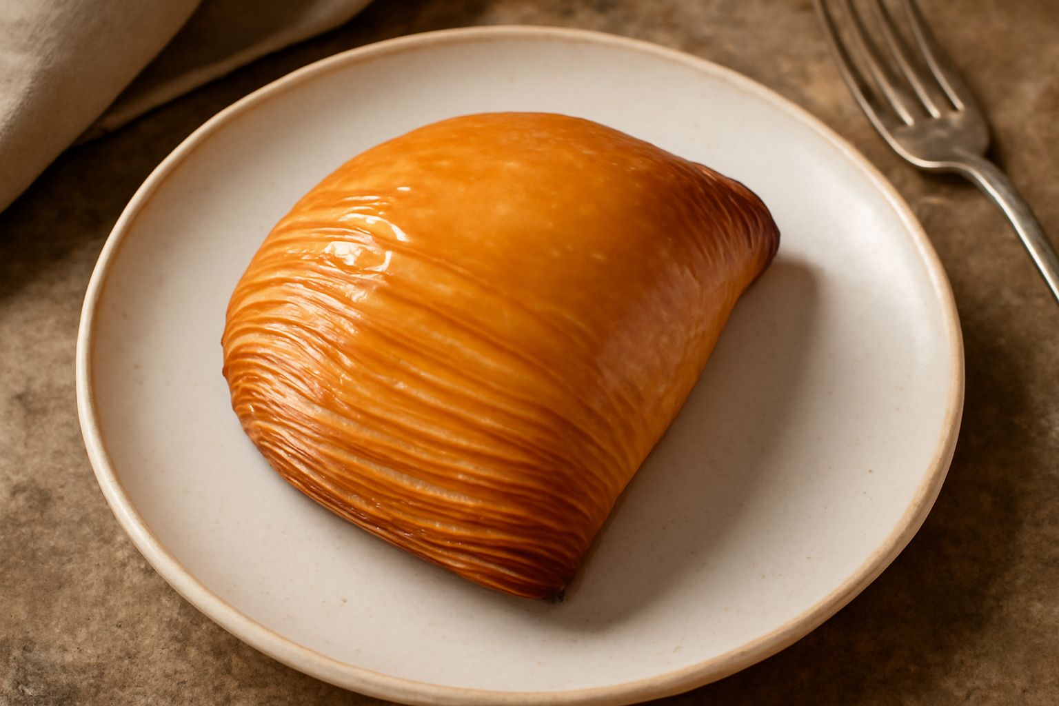 Sfogliatella napoletana appena sfornata, di colore dorato e croccante, mezza affettata per mostrare il ripieno biancastro di ricotta con pezzetti di cedro candito e grano cotto, posata su un piatto bi