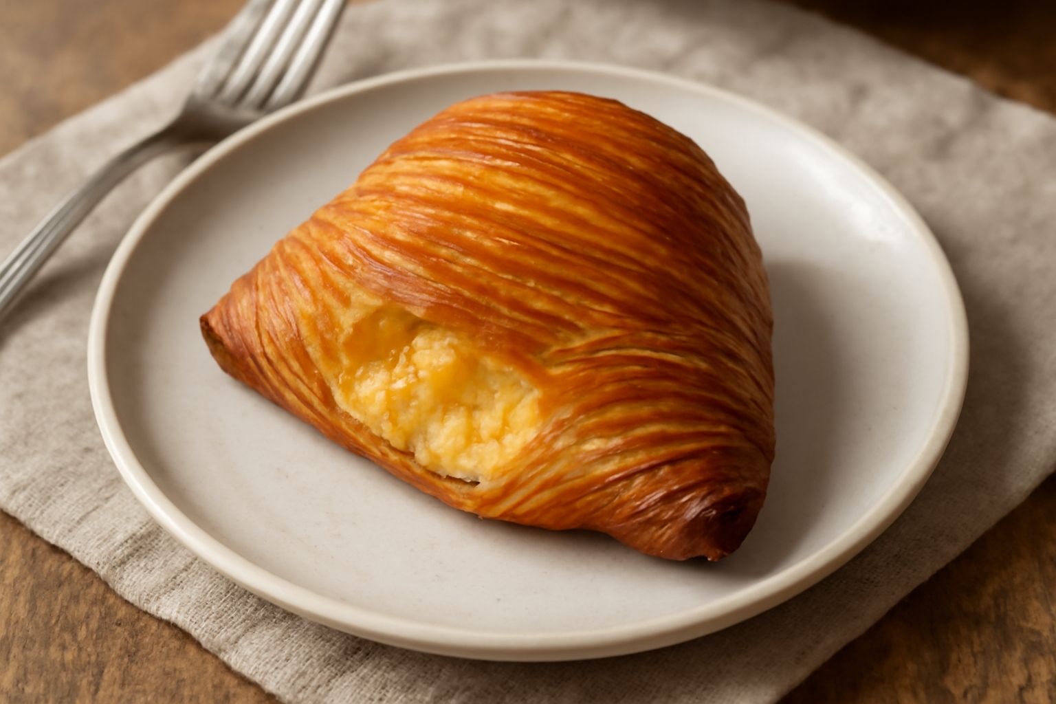 Sfogliatella riccia dorata e croccante su piatto bianco, con chiari strati di pasta sfoglia visibili sul fianco, ripieno di ricotta cremoso bianco al taglio, polverizzata di zucchero semolato