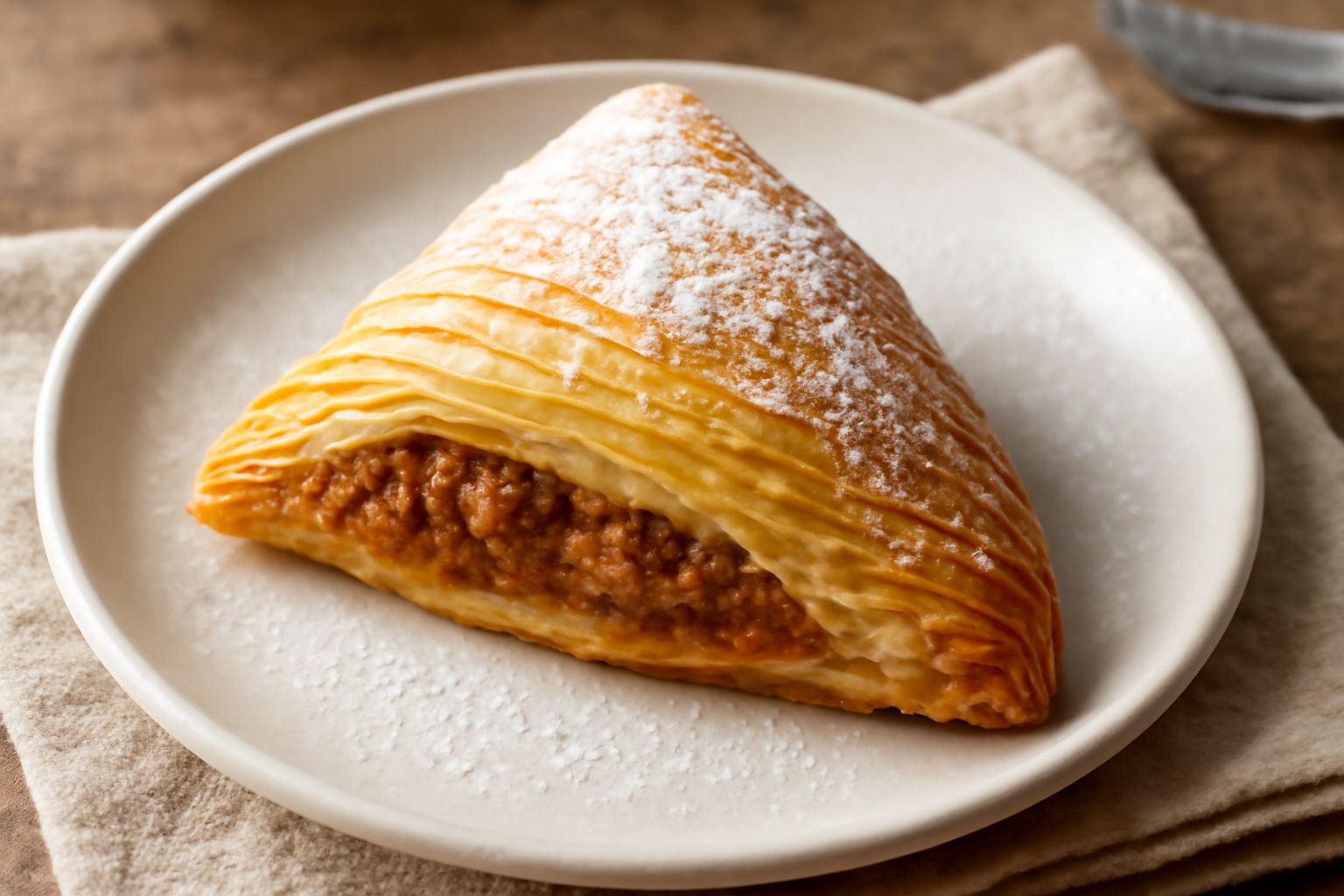 Sfogliatella riminese triangolare color dorato, croccante, spezzata per mostrare il ripieno di frutta secca, marmellata e pasta, adagiata su piatto bianco con zucchero a velo spolverato