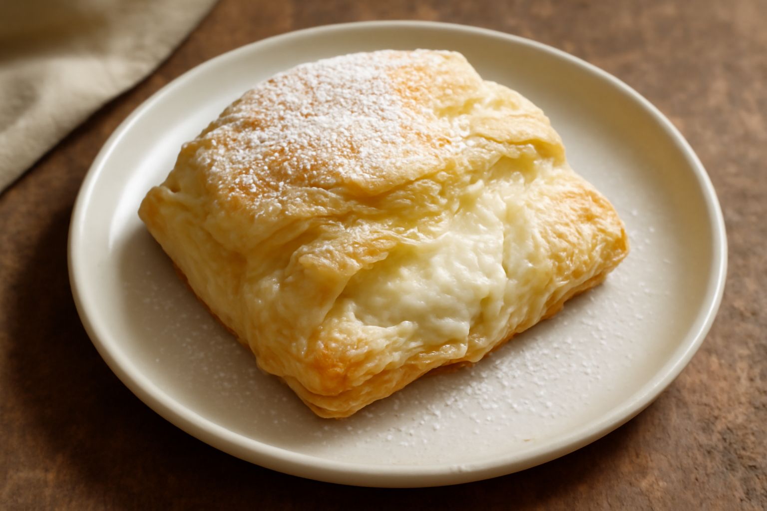 Sfogliatella romana dorata e croccante tagliata a metà su un piatto bianco, con il ripieno di ricotta bianca visibile all'interno, spolverata di zucchero a velo