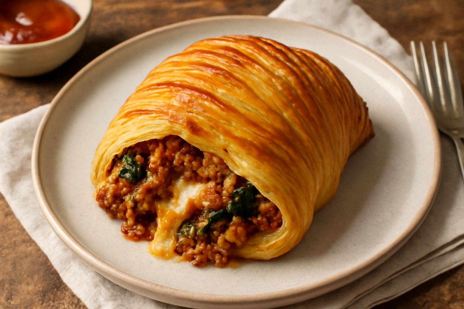 Sfogliatella salata tagliata a metà su un piatto bianco, che mostra l'interno del ripieno ragù e formaggi filanti, la sfoglia dorata e croccante, contorno di insalata verde fresca