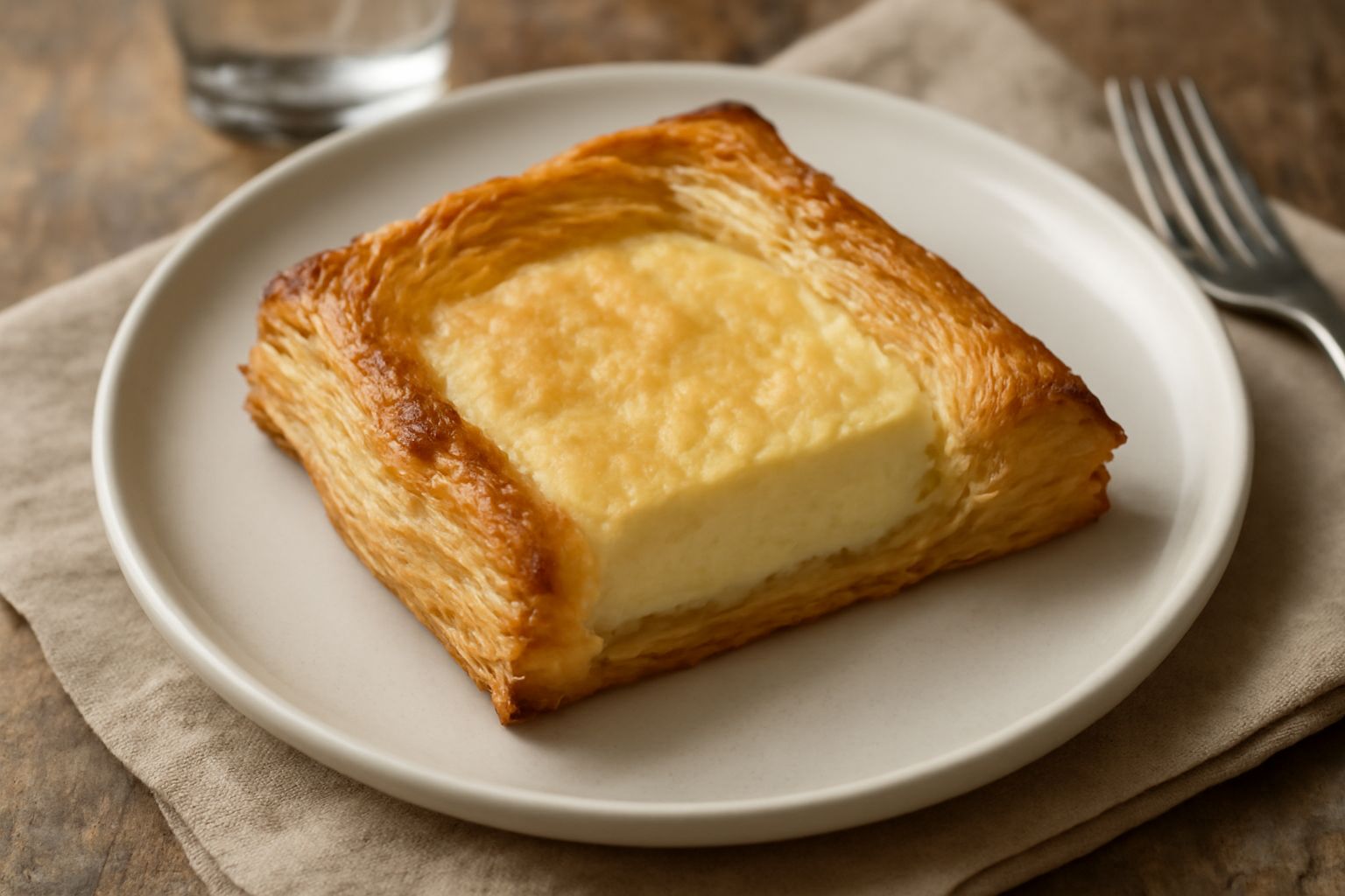 Una sfogliatella salata cosentina dorata e croccante appena sfornata, intera e spezzata per mostrare il ripieno di formaggio e ricotta, servita su un piatto bianco con un coltello