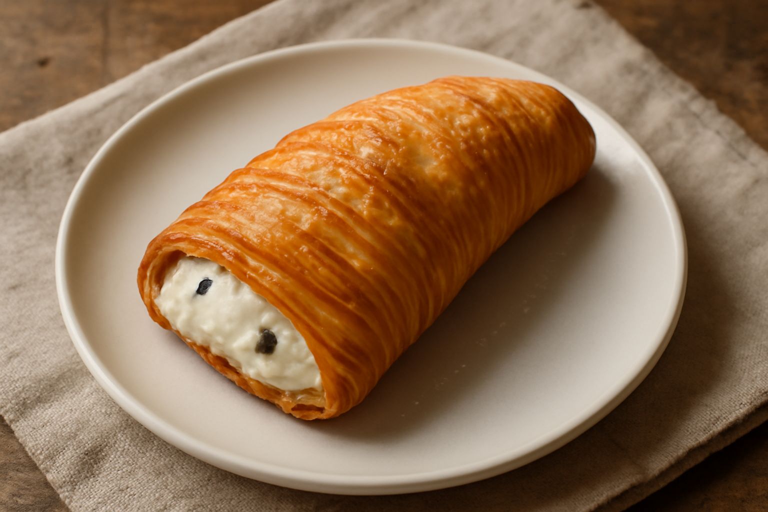 Sfogliatella siciliana appena sfornata, dorata e croccante, con strati ben visibili di sfoglia, ripieno di ricotta che emerge dai lati, spolverata di zucchero a velo, servita su un piatto bianco