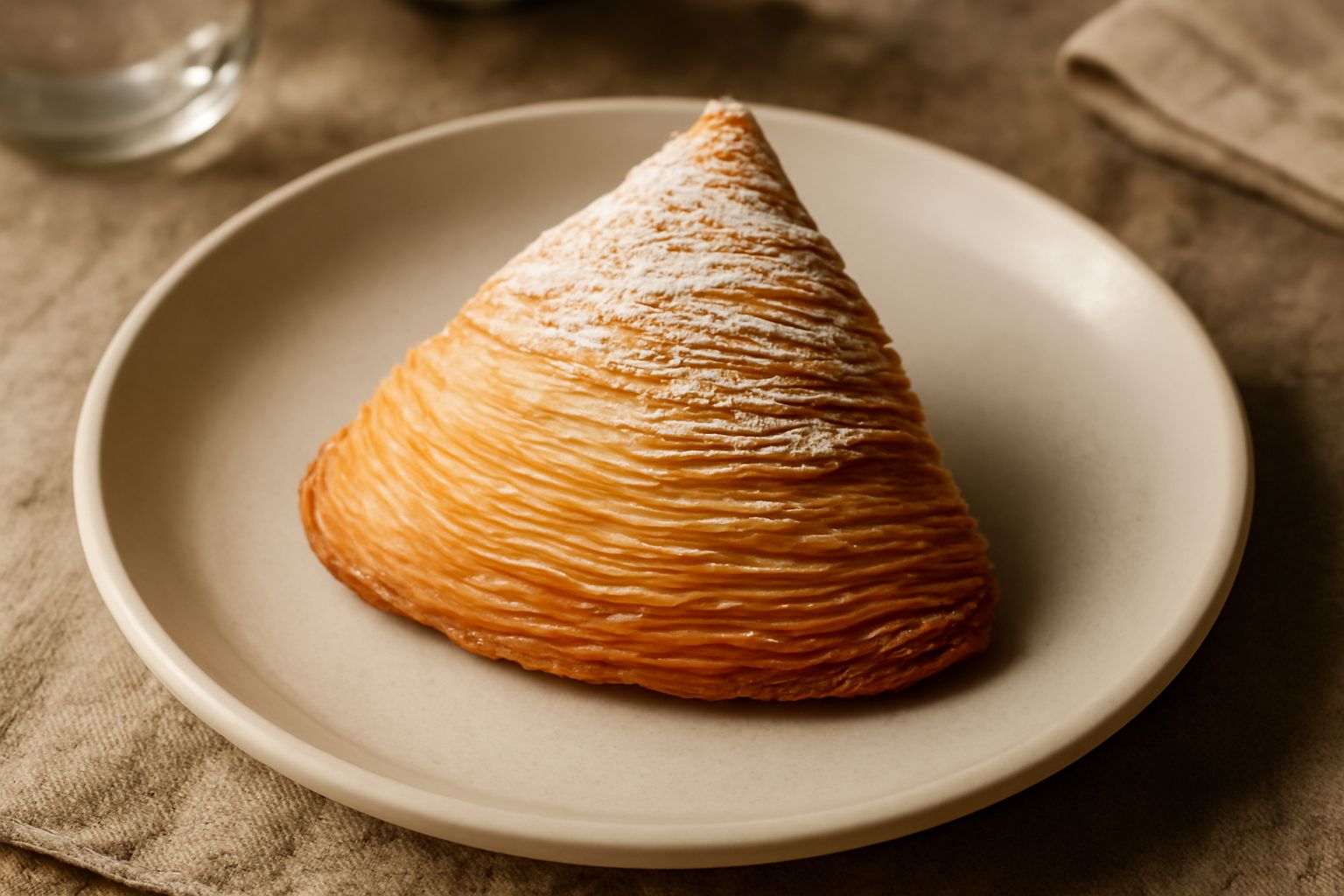 Sfogliatella salernitan tagliata a metà mostra gli strati di sfoglia dorati e croccanti, ripieno di ricotta chiara con pezzetti di cedrata candita e pistacchio verde, disposta su piatto bianco