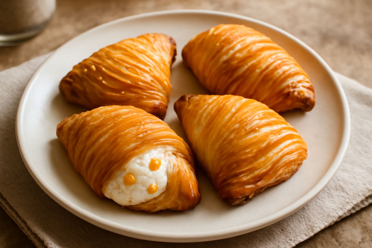 Tre sfogliatelle dorate e croccanti su un piatto bianco, tagliate per mostrare il ripieno di ricotta cremosa bianca e canditi colorati, coperte di zucchero a velo