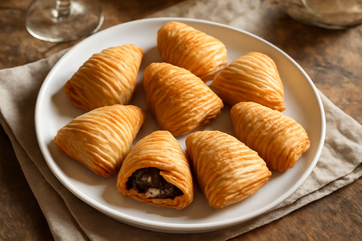 Tre sfogliatelle abruzzesi dorate e croccanti appoggiate su un piatto bianco, riprese da vicino, si vede la pasta sfoglia dorata e il ripieno di marmellata scura che affiora dalle aperture