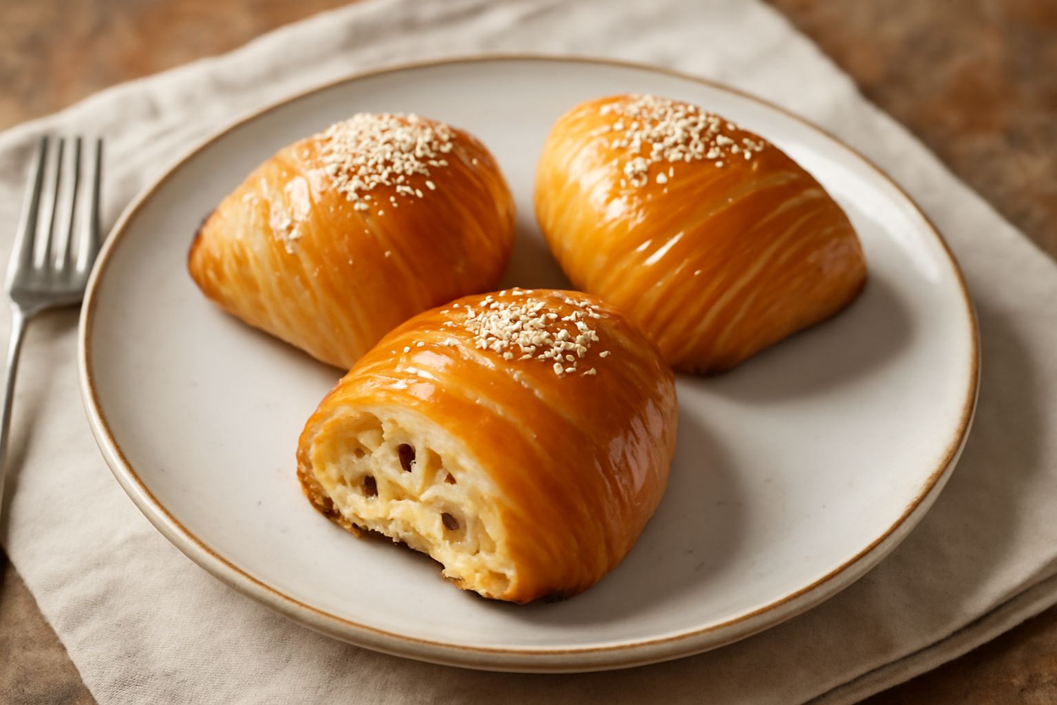 Sfogliatelle dorate e croccanti disposte in fila su un piatto bianco, rivestite di glassa lucida e decorata con granella di zucchero, con una spaccatura al centro che mostra il ripieno di ricotta bian