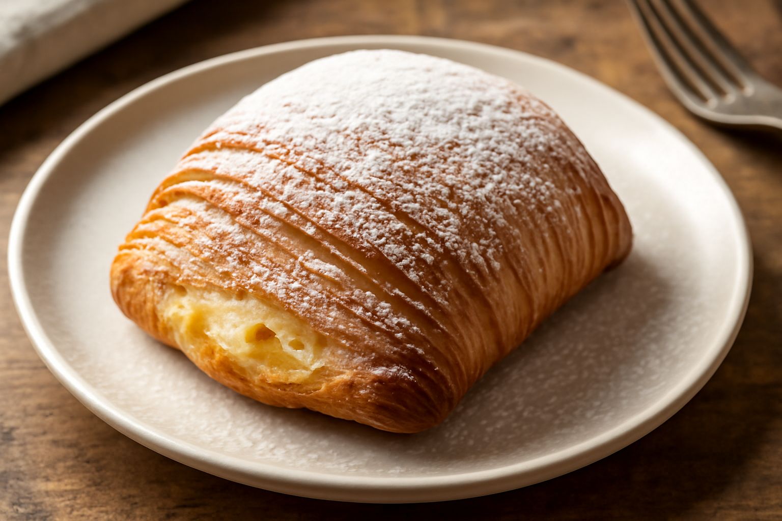 Tre sfogliatelle dorate e croccanti con forma a conchiglia, ripieno di crema bianca e canditi colorati visibili, cosparse di zucchero a velo, su un piatto bianco