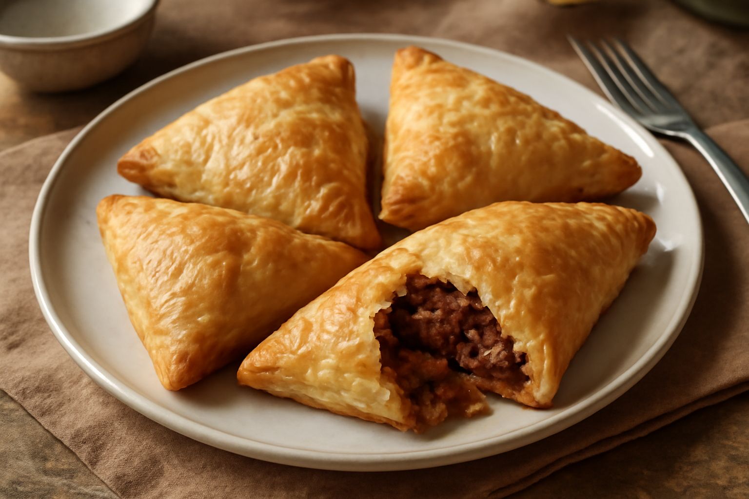 Tre sfogliatelle di carne triangolari su un piatto bianco, con la superficie dorata e croccante, visibile il ripieno di carne scura all'interno della spaccatura, contorno di lattuga verde fresca