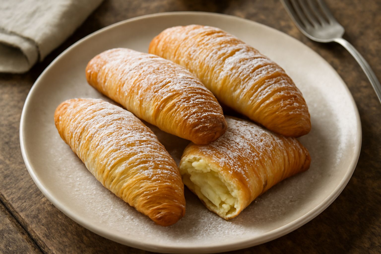 Sfogliatelle di Rovigo dorate e croccanti su un piatto bianco, polverate di zucchero a velo, con la sfoglia che si vede stratificata dal taglio laterale