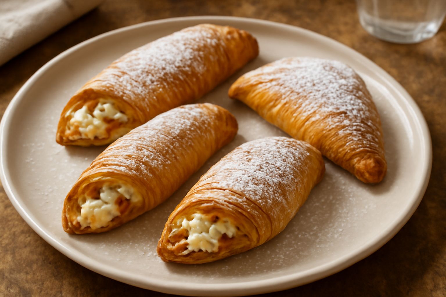 Tre sfogliatelle emiliane dorate e croccanti appoggiate su un piatto bianco, con spolverata di zucchero a velo, taglio trasversale che mostra il ripieno di ricotta e frutta candita
