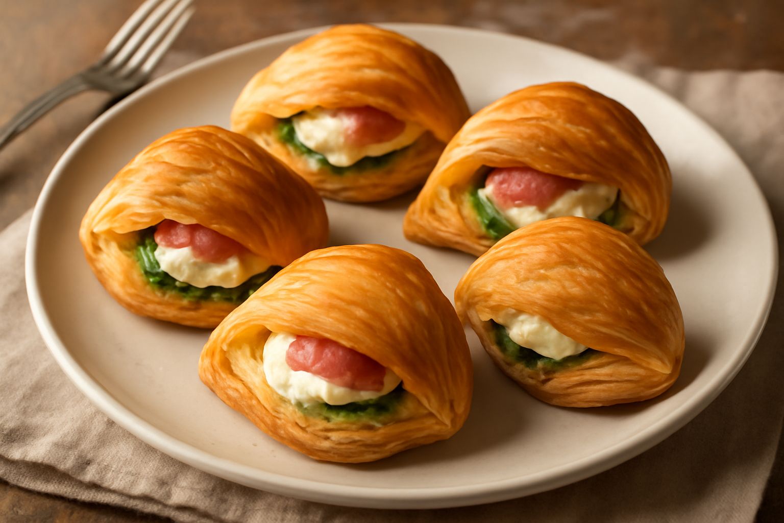 Tre sfogliatelle fredde salate tagliate a metà, disposte su un piatto bianco, con vista del ripieno di mozzarella filante, peperoni rossi e gialli arrostiti, mortadella rosa e basilico verde fresco, s