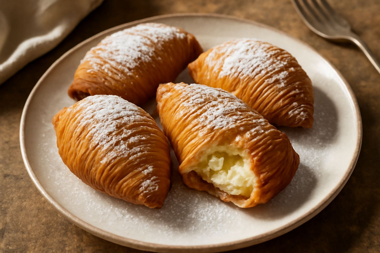Tre sfogliatelle dorate appena fritte su un piatto bianco, ricoperte di zucchero a velo, con il ripieno di ricotta visibile dalla sezione spezzata