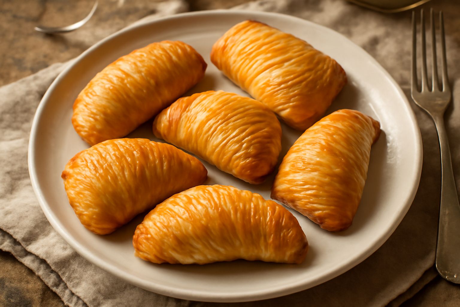 Sfogliatelle frolle dorate e croccanti impilate su un piatto bianco, con strati visibili ben separati, farina bianca sui bordi, sfondo neutro beige