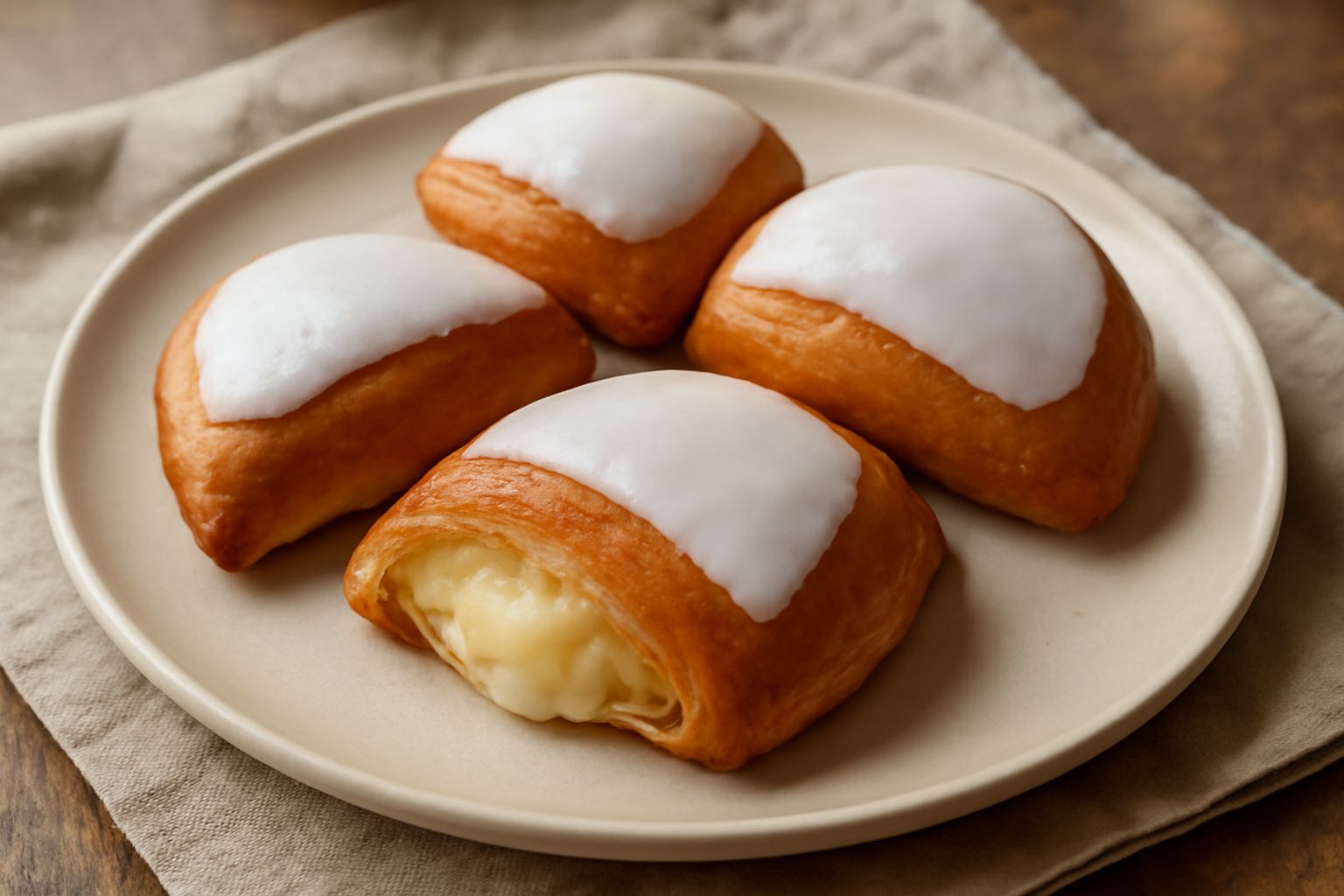 Tre sfogliatelle leccesi dorate e croccanti a forma di mezzaluna, ricoperte di glassa bianca zuccherata, disposte su un piatto bianco con bordo sottile