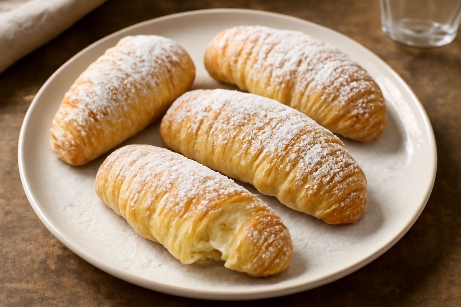 Sfogliatelle messinesi dorate e croccanti disposte su piatto bianco, polvere di zucchero sui bordi, spaccatura visibile del ripieno di ricotta bianca e canditi colorati dentro