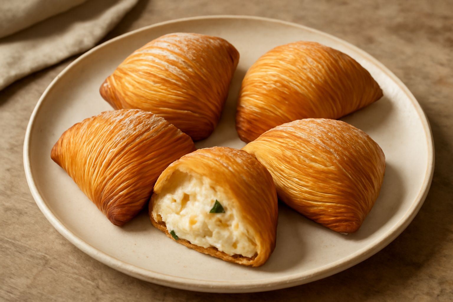 Tre sfogliatelle rigate dorate e croccanti disposte su piatto bianco, dusted di zucchero a velo, con righe trasversali visibili sulla superficie, spezzate a metà per mostrare il ripieno cremoso color 
