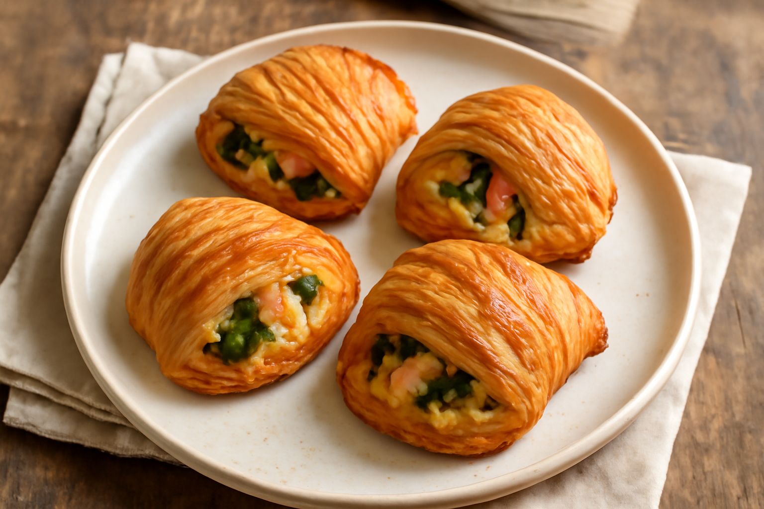 Sfogliatelle salate croccanti appena sfornate, con sfoglia dorata e croccante, tagliate a metà per mostrare il ripieno di formaggi bianchi e verdure verdi