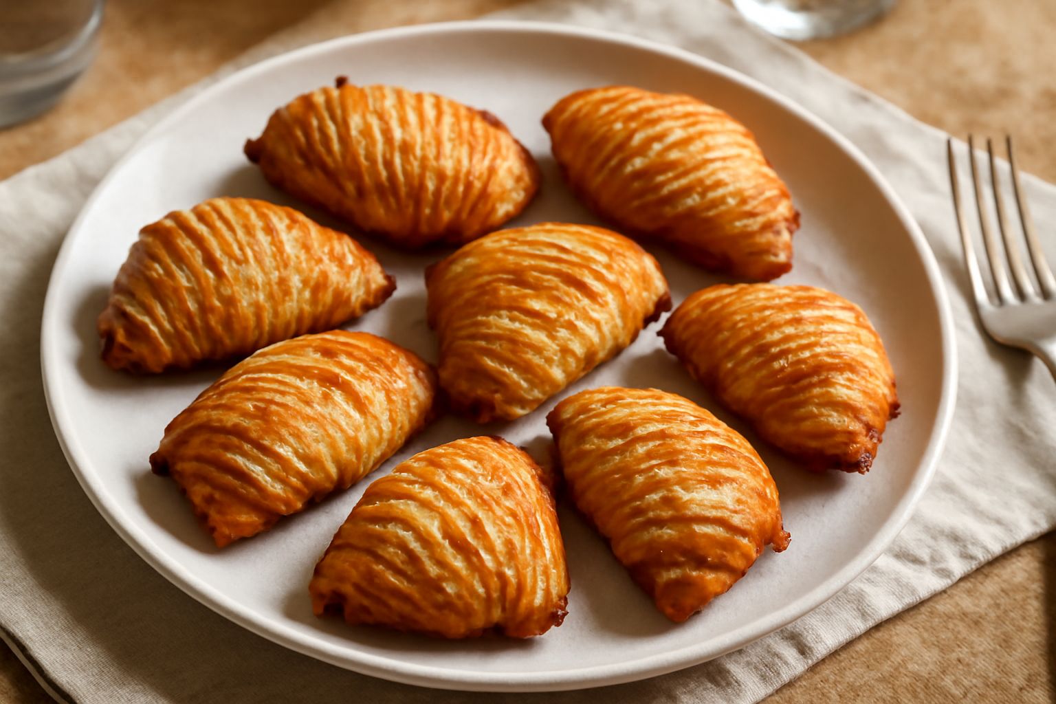 Sfogliatelle venete dorate e croccanti disposte su un piatto bianco, con sfoglie fragili ben visibili, leggermente cosparse di zucchero e infarinate di pepe bianco o zucchero a velo