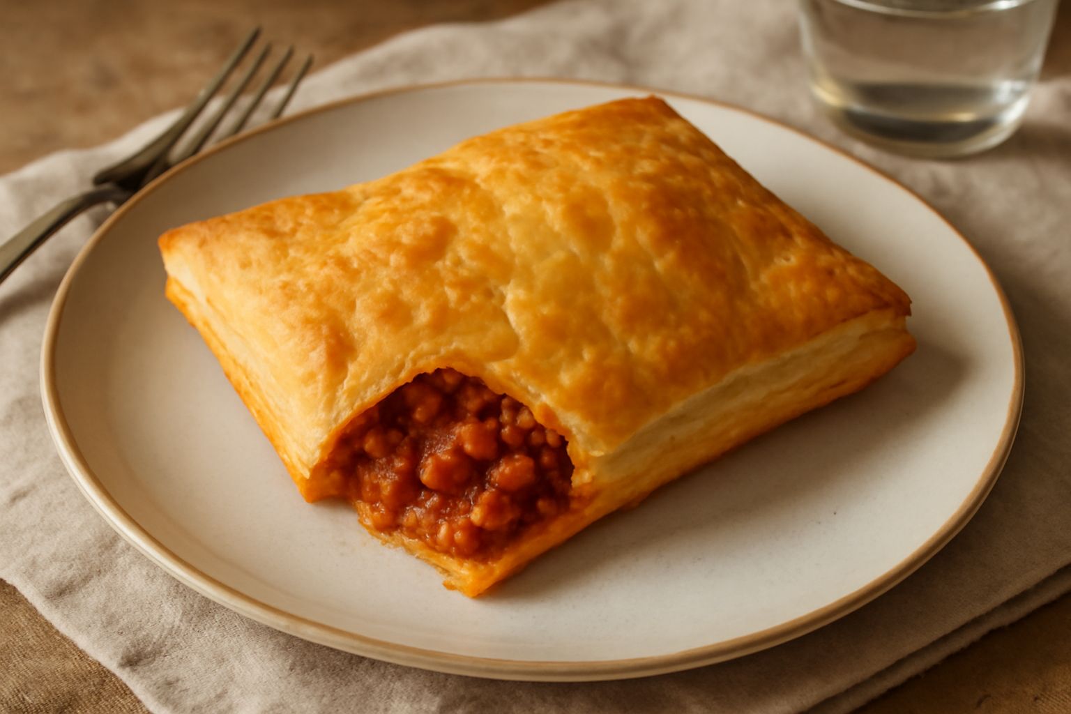 Sfogliatina rettangolare dorata e croccante, spezzata a metà per mostrare il ripieno di ragù di carne marrone scuro, servita su piatto bianco con contorno di insalata verde