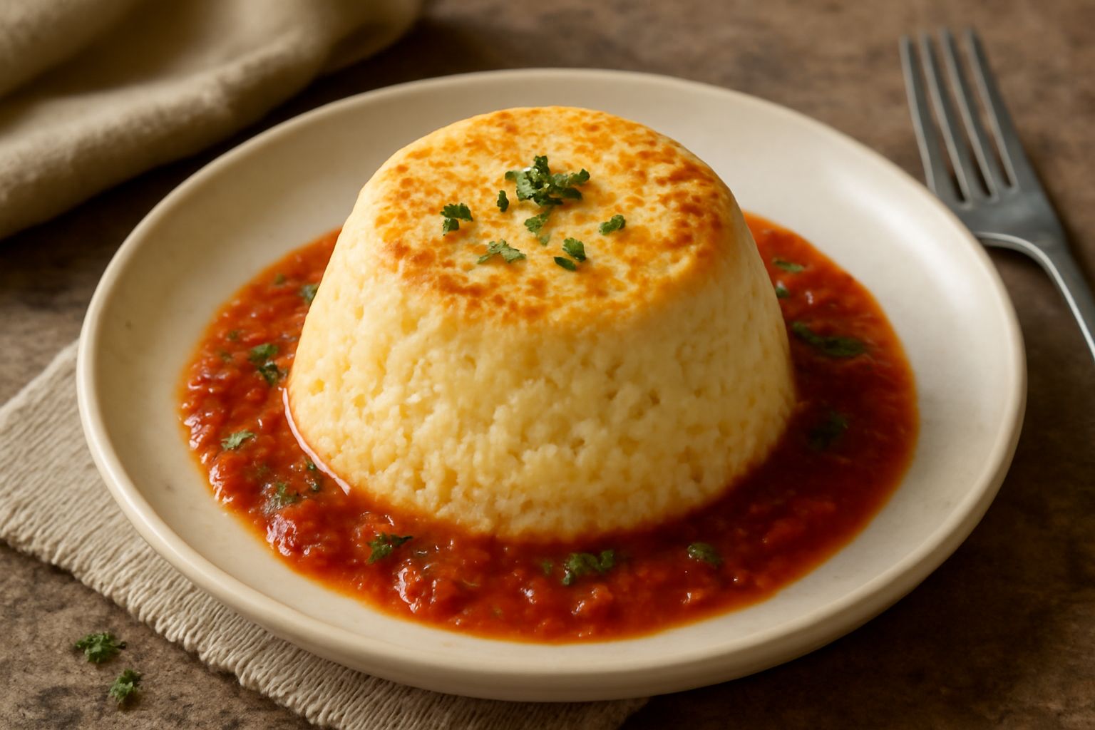 Sformato di ricotta dorato in un piatto bianco, con superficie morbida e cremosa, accompagnato da salsa di pomodoro leggera e basilico fresco