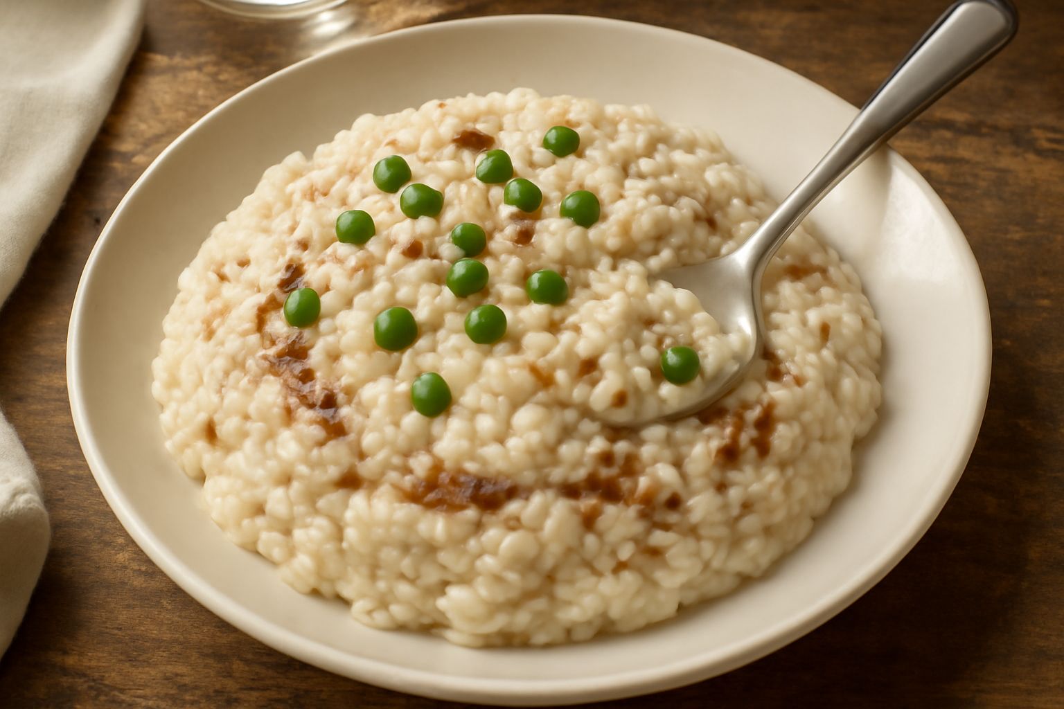 Un piatto fondo bianco con sforzata di riso cremosa, ragù scuro e piselli verdi sparsi sulla superficie, mantecato con burro e formaggio grattugiato