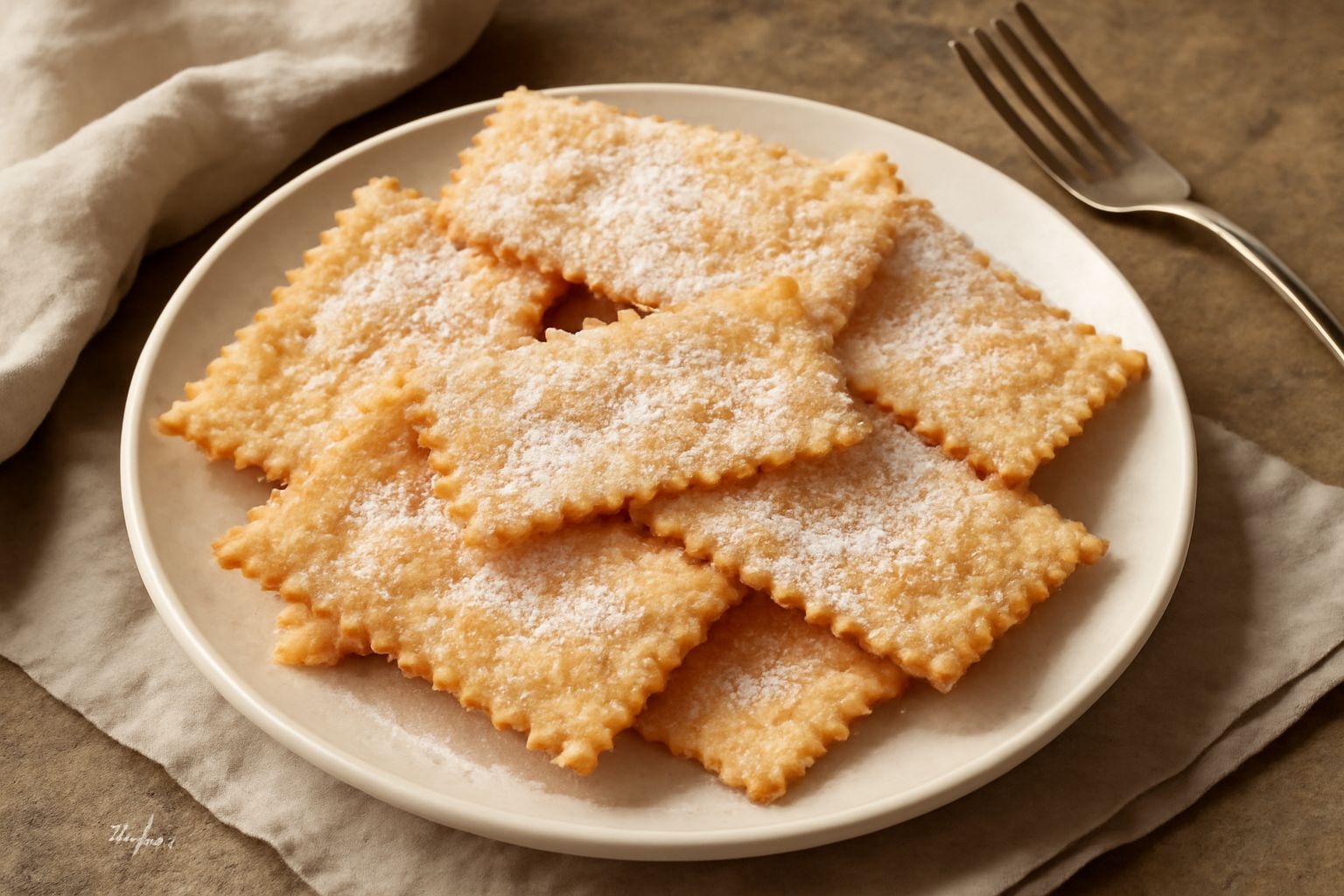 Sfrappole dorate e croccanti ricoperte di zucchero semolato, disposte su un piatto bianco, con grinze caratteristiche della pasta fritta