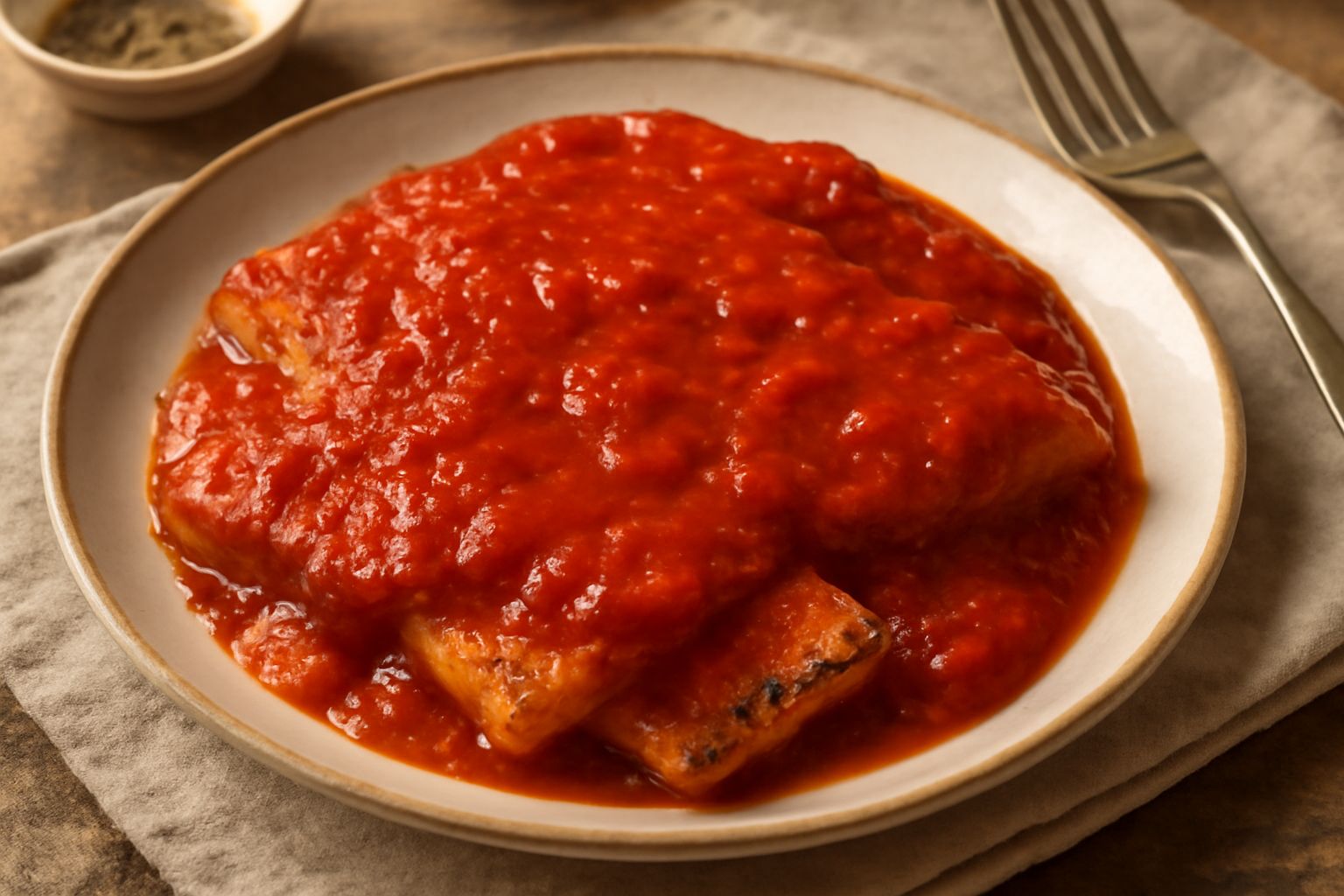 Sgagliozze dorate in un piatto bianco coperte di sugo di pomodoro rosso intenso, con basilico fresco e parmigiano grattugiato, servite calde su un tavolo di legno scuro
