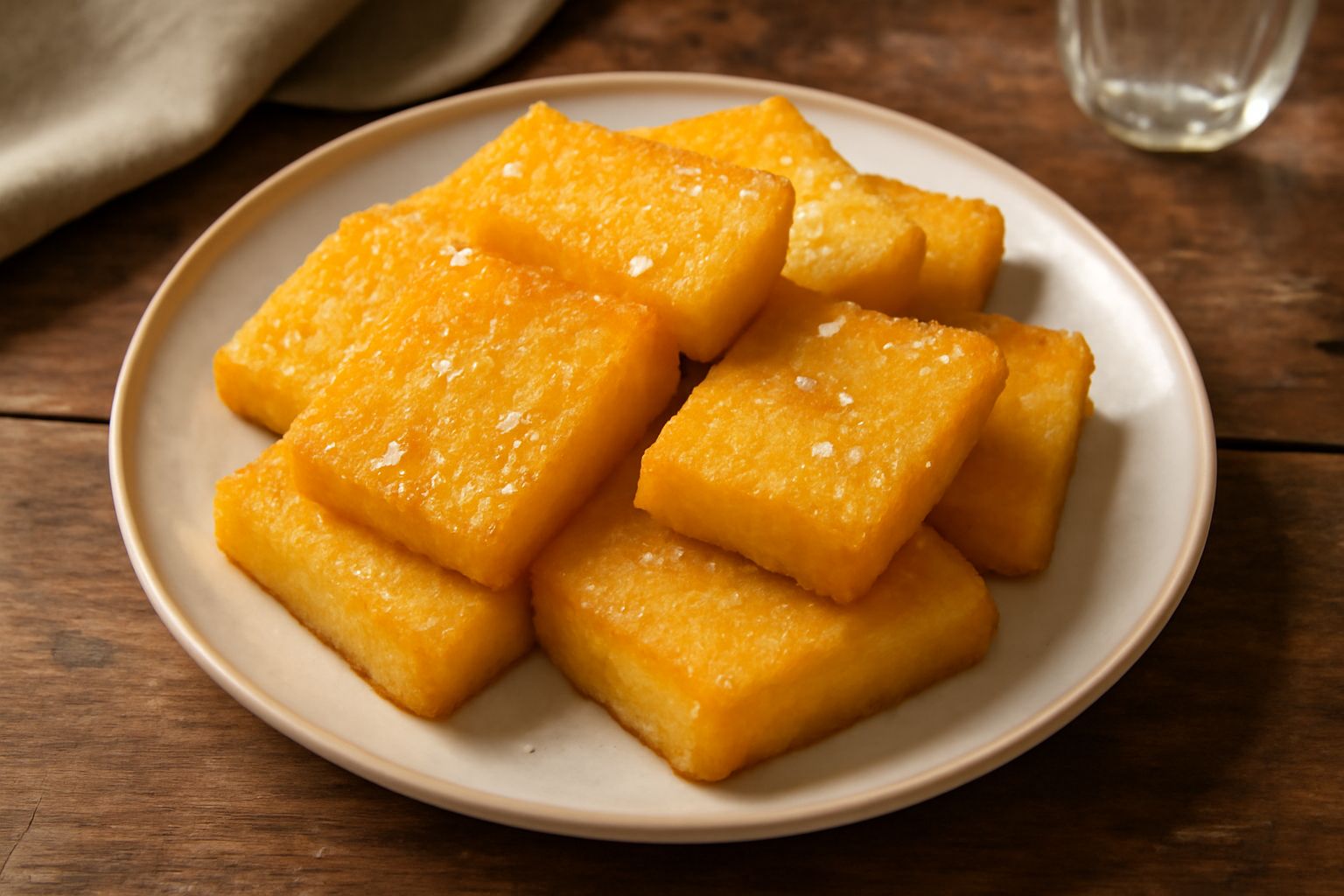 Sgagliozze di polenta dorate e croccanti impilate su un piatto bianco, cosparse di sale marino fine, con un piccolo ciotola di salsa di pomodoro a lato