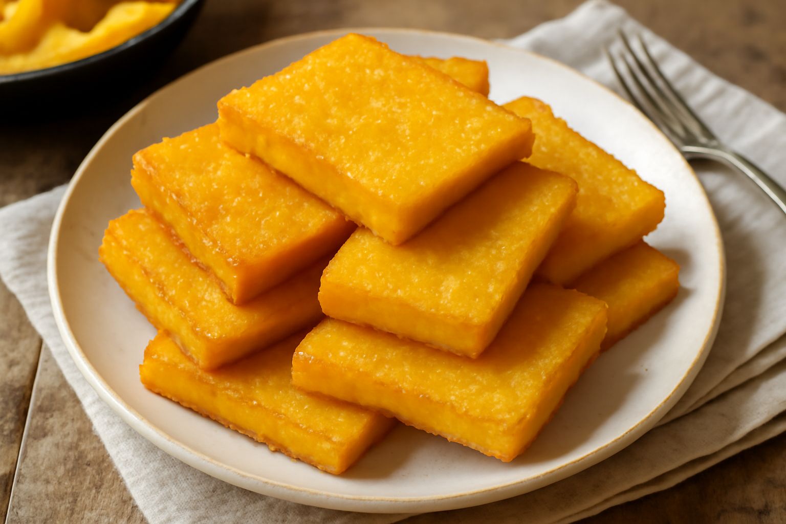 Sgagliozzi dorati e croccanti impilati nel piatto bianco, vapore caldo visibile, farina di mais gialla uniforme sulla superficie fritta, contorno di piatto scuro da cucina