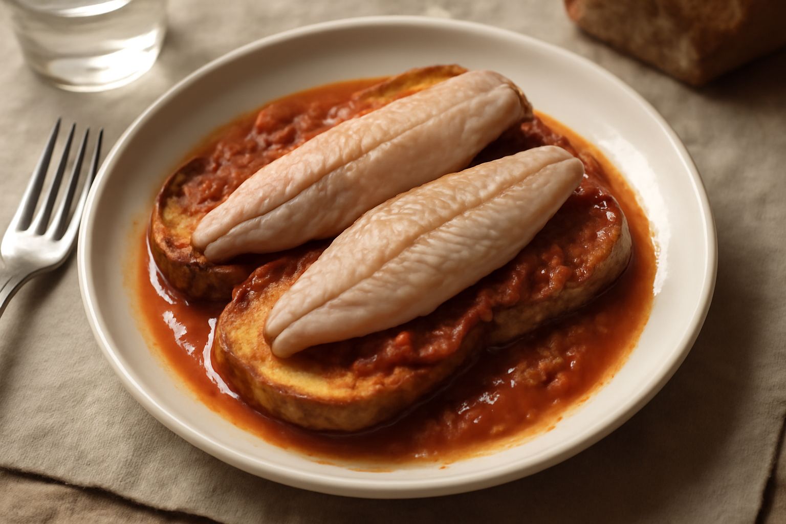 Piatto bianco con due filetti di sgombro cotto in salsa di pomodoro, appoggiati su fette di pane tostato color nocciola bagnate di umido, guarniti con prezzemolo fresco