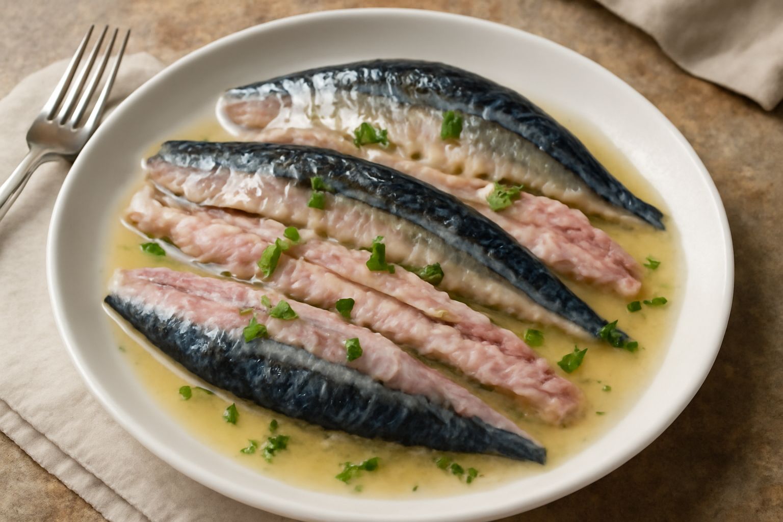 Sgombri interi marinati disposti su un piatto bianco, con fette di limone, rosmarino fresco e aceto trasparente visibile intorno, sfondo grigio neutro