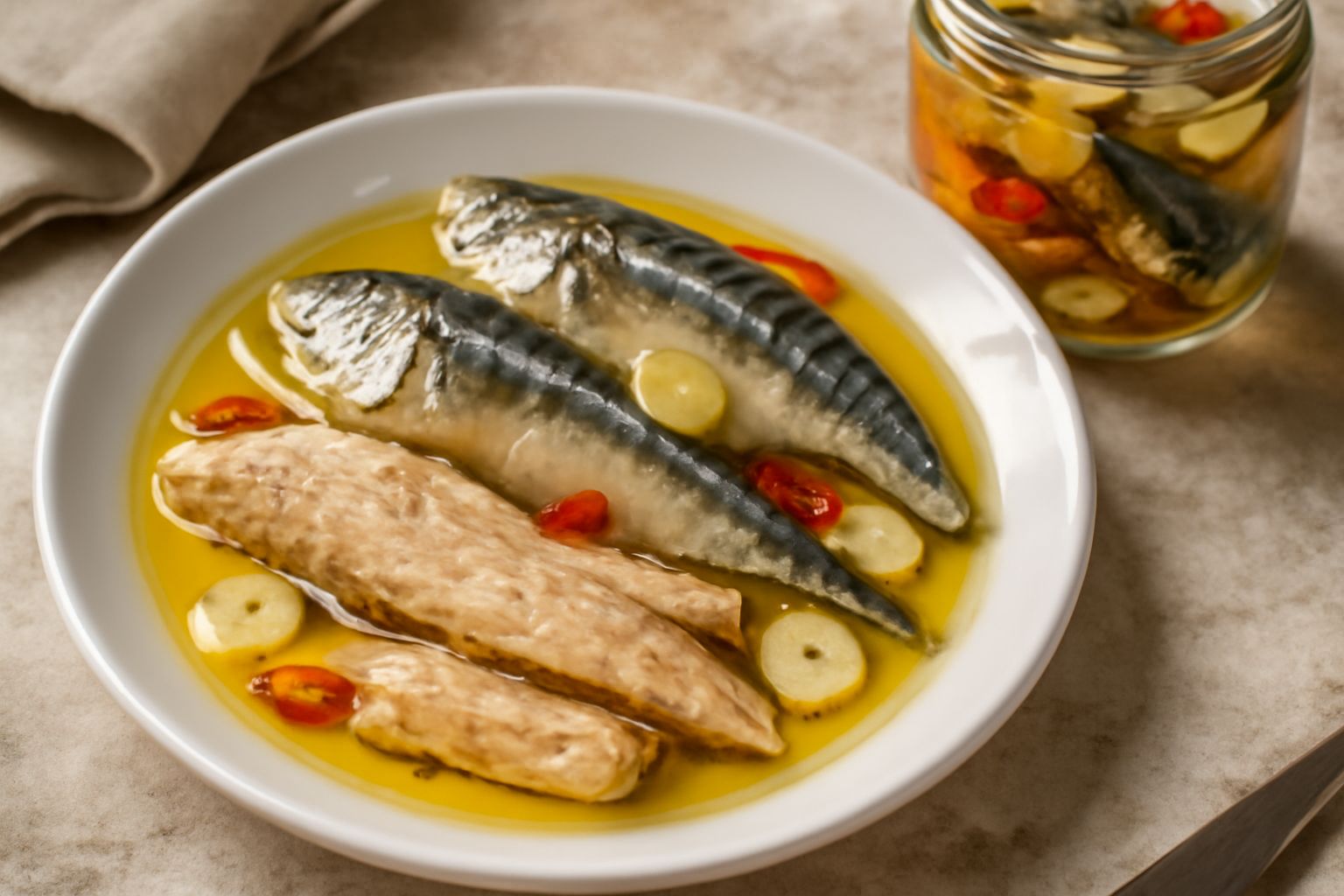 Vasetto di vetro con sgombri interi sott'olio di colore dorato, peperoncini rossi, foglie di alloro e semi di finocchio visibili nel liquido trasparente, fondo legno scuro