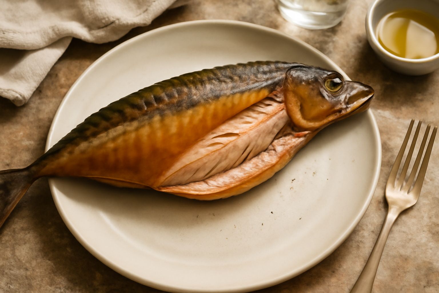 Sgombro intero affumicato dorato su un piatto bianco, circondato da fette di limone giallo, accompagnato da verdure crude grigie e verdi, lato pelle croccante visibile